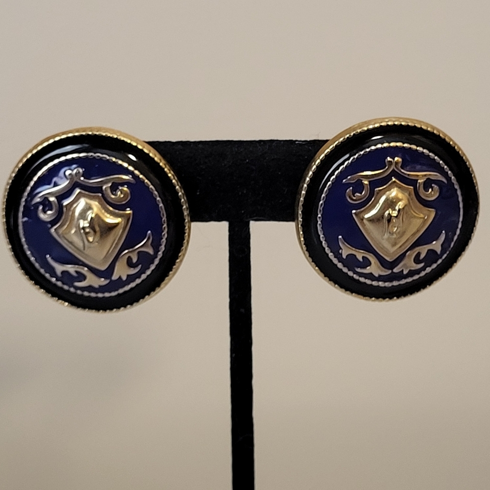 Vintage Enamel on Gold Tone Round Crest Pierced Post Earrings